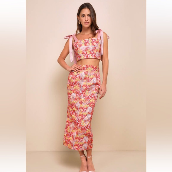 Lulus || Ellarina Pink Multi Metallic Tie-strap Two-piece Midi Dress - Picture 2 of 16